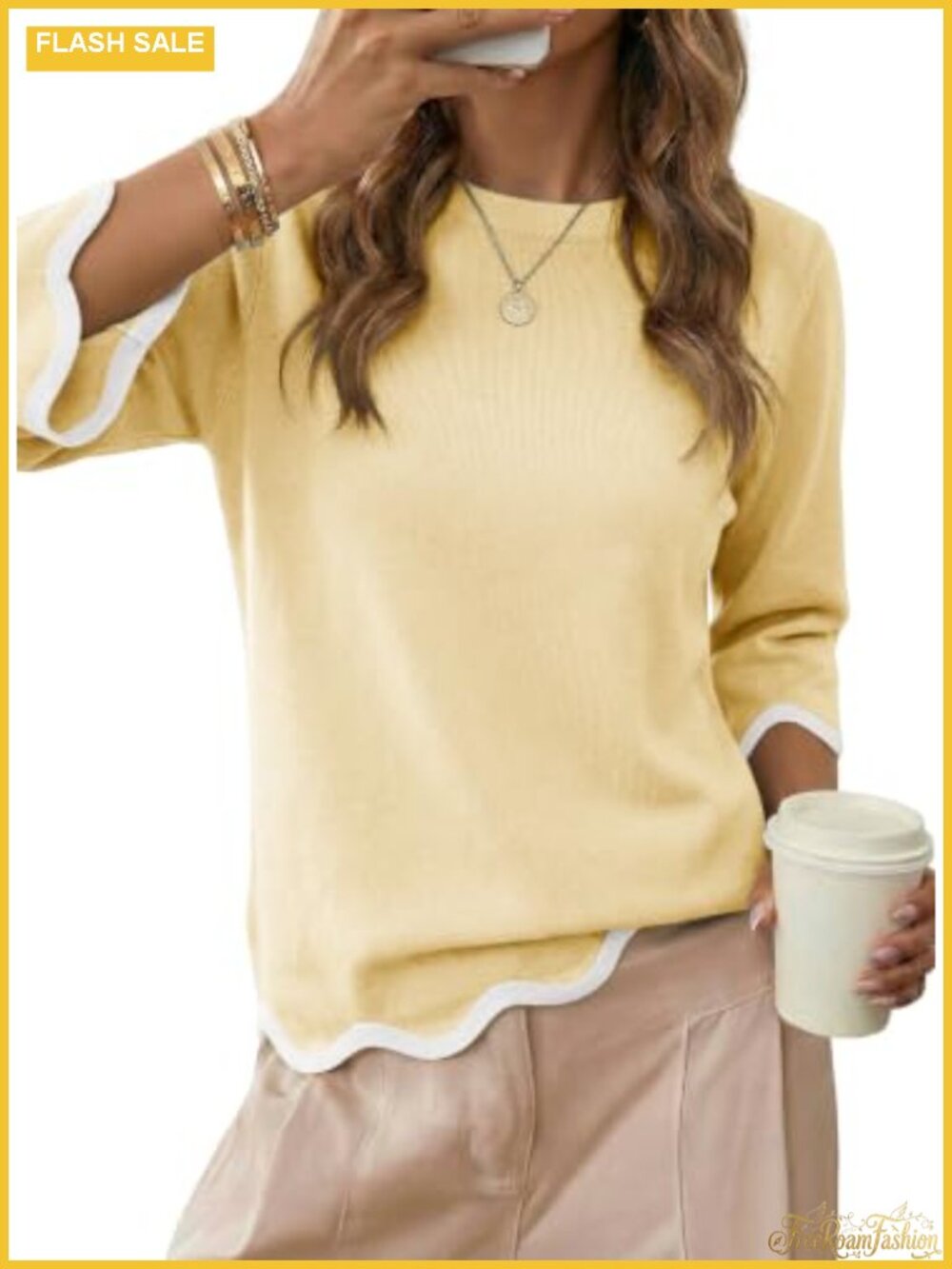 Women's Wool Blend Sweater 3/4 Sleeve Crewneck Pullover Knit Top